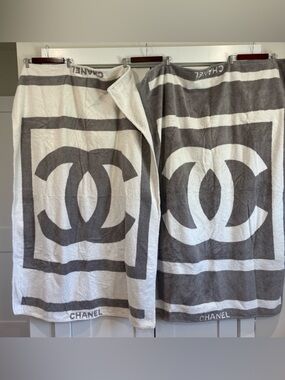 Set Of Two CHANEL Sports Line CC Mark Logo Large Beach Towel Cotton White/Gray